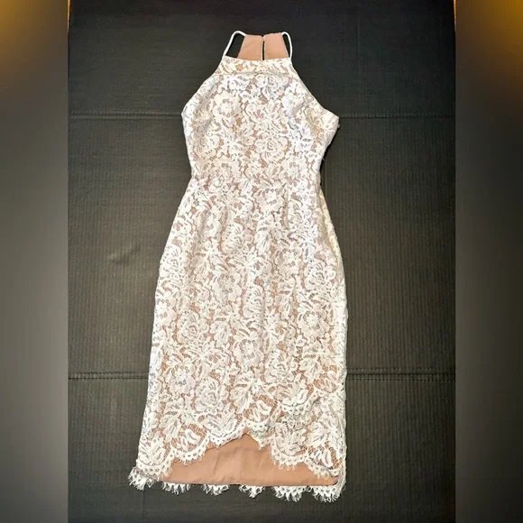 Fame and Partners | Dresses | Fame And Partners White Lace Overlay Midi  Sheath Dress Sz | Poshmark